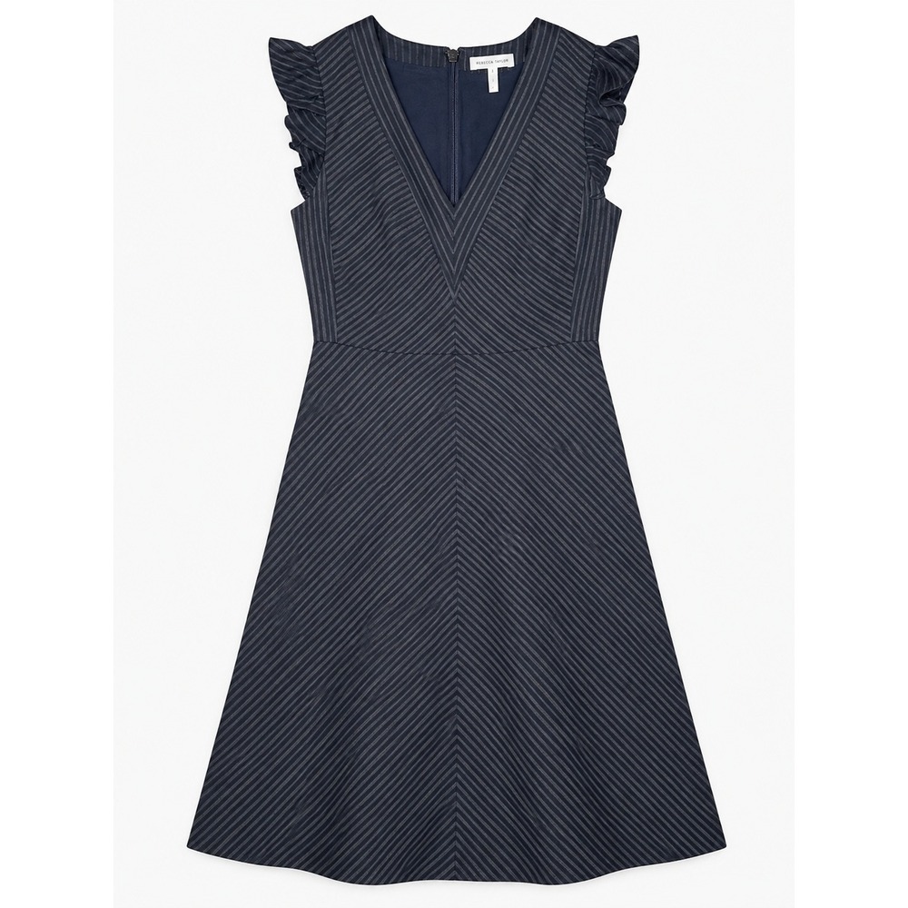 Rebecca Taylor Striped Suiting Dress Women's 0 Navy Linen Blend Ruffle V Neck